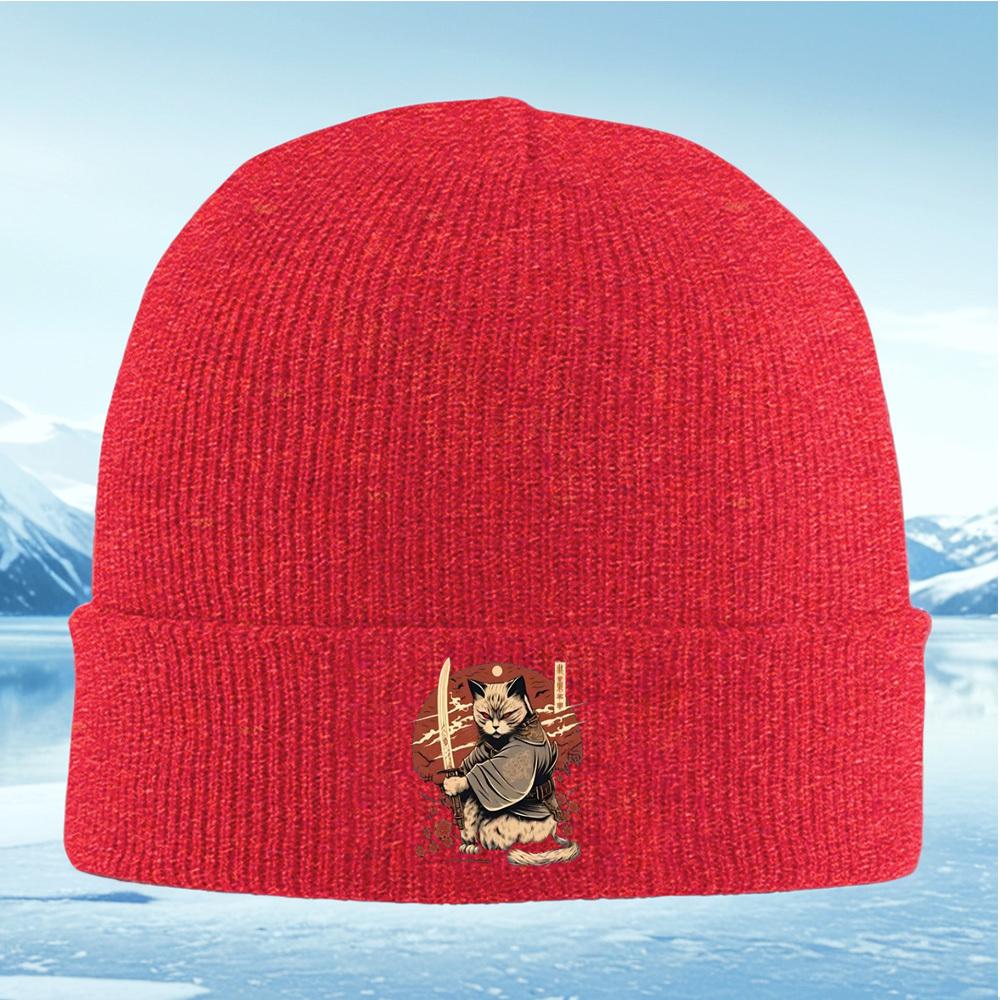 Samurai cat holding a sword against red Men Women Unisex Knitted Hat Beanie Pullover Cap Winter Thermal Warm Christmas Outdoor C