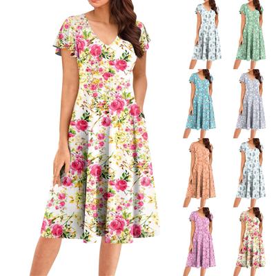 Damen Sommer Mode V-Ausschnitt Rüschenärmel Retro Elegant Midi Kleid