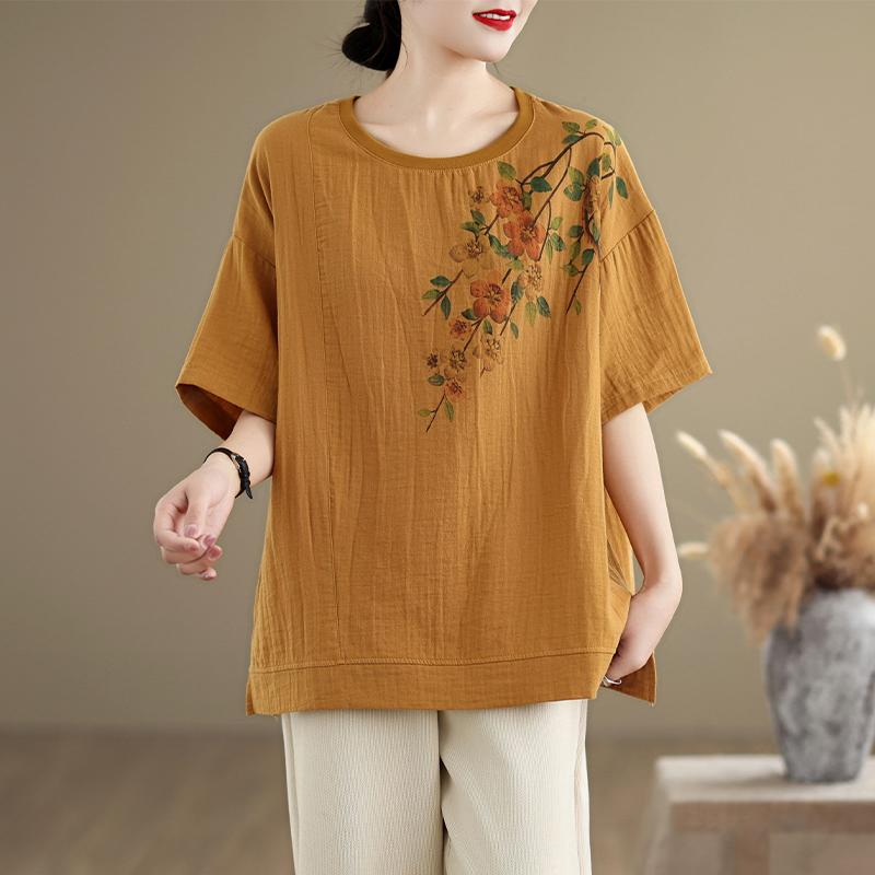 Dimanaf 2025 New Summer Plus Size T-Shirt Women Flower Printing Short Sleeve Loose Tops Tees Maxi