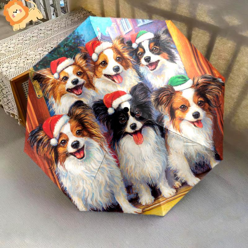 Papillon with Tongue Sticking Out  Pattern, Automatic Folding Umbrella, Portable and Foldable Design, 8 Ribs, a Christmas or Birthday Gift.