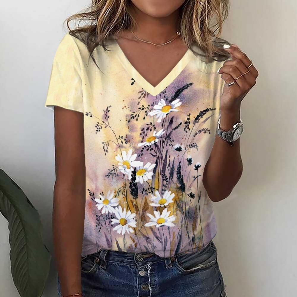 Fashion Sunflower Floral 3D Print Summer Women V-Neck  Harajuku Oversized Streetwear Y2k