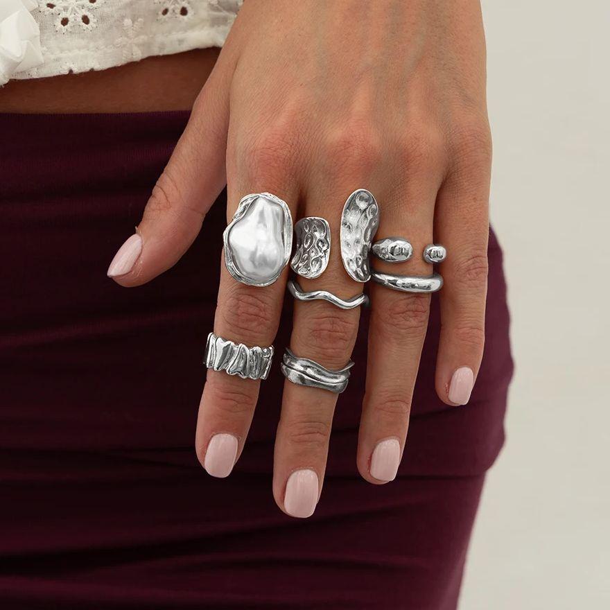 SHIXIN 7Pcs Baroque Imitation Pearl Chunky Open Rings Set for Women Smooth Irregular Wave Adjustable Rings Trendy Finger Jewelry