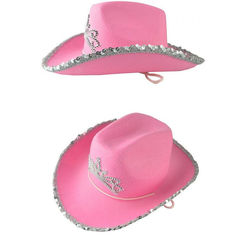 Pink West Cowgirl Hat for Women Girls Tiara Feather Felt Western Sequin Cowboy Cap Costume Party Dress Jazz Caps Cosplay Props