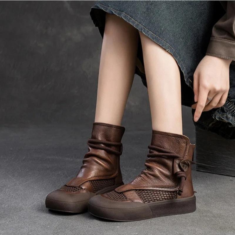 2025 New Retro Summer Woman Hollow Breathable Ankle Boots Genuine Leather Back Zipper Roman Sandals Thick Sole Women's Shoes
