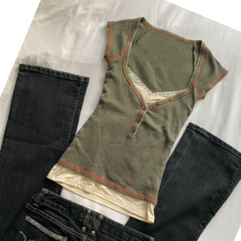 Cotton Blend Vintage Square Neck T-Shirt Slim Fit Y2K Crop Top Women