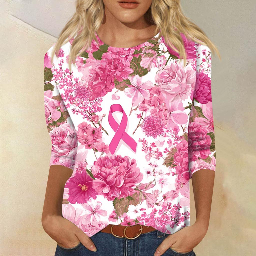 Dámské módní ležérní tričko s potiskem, kulatým výstřihem a sedmidílným rukávem, volného střihu