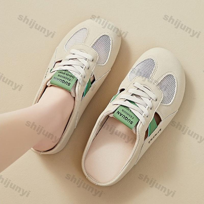 Fashion Women's Flat Sandals 2025 Summer New Mesh Breathable Height Increase Casual Shoes Fashion Comfortable Cross Tied Half Slippers