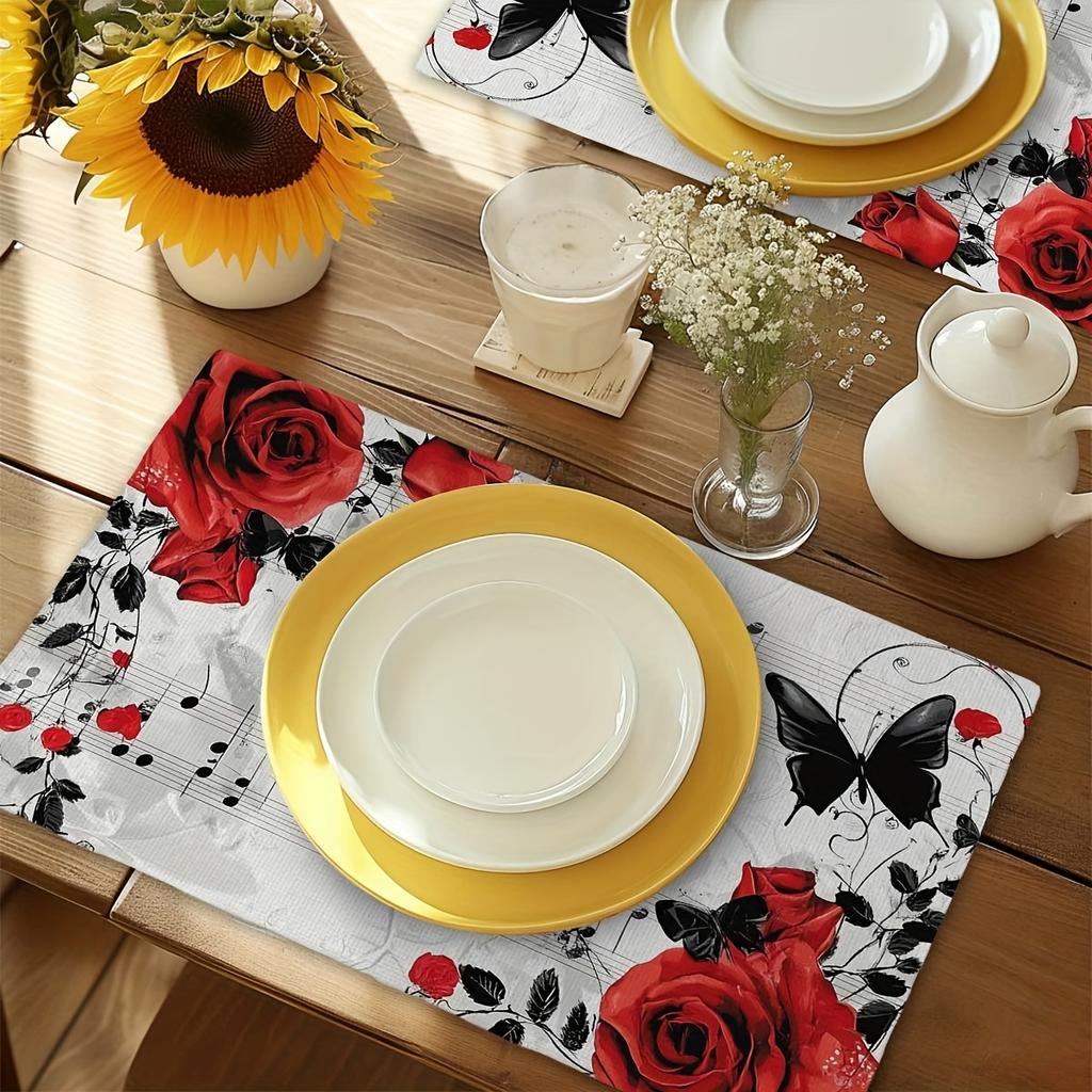 4pcs Elegant Red Rose & Black Butterfly Placemats On White Background - 12"x18" Polyester Woven Table Mats for Spring/Summer Dining, Wedding Banquets