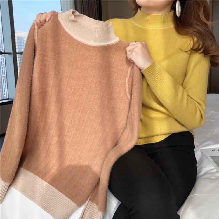 Fleece thickened bottoming shirt women's autumn and winter imitation mink fleece sweater integrated fleece semi-turtleneck knitted sweater with warm