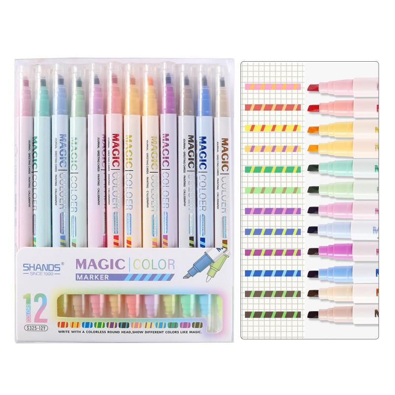

12Color Hand Account Pen Double-ended Magic Color-changing Highlighter Student Notes Drawing Graffiti Marker Stationery Supplies