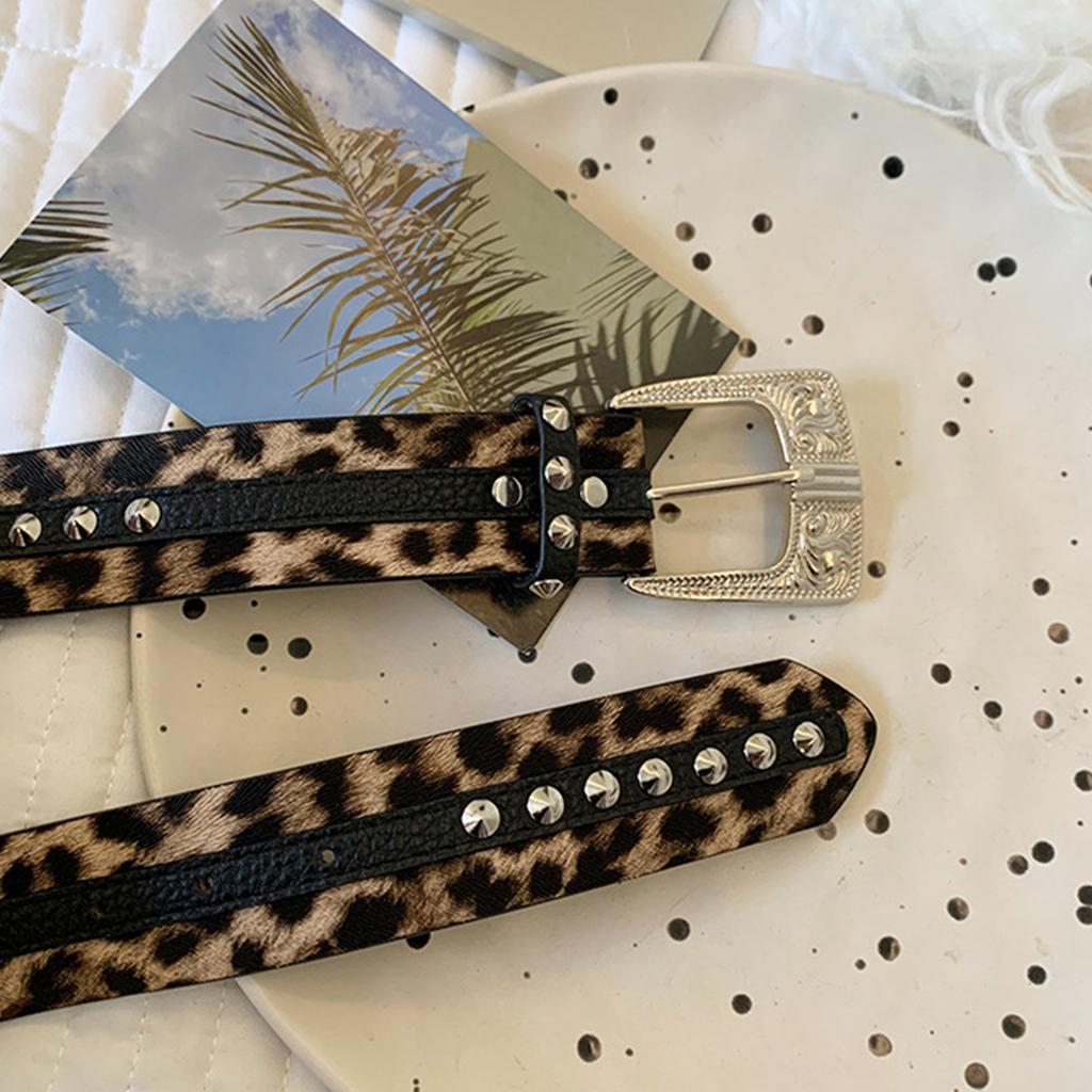 Edgy Rivets Waistband Leopard Pattern PU Belt Retro 2000s Punk Rock Waist Cincher Accessory for Jeans and Dresses