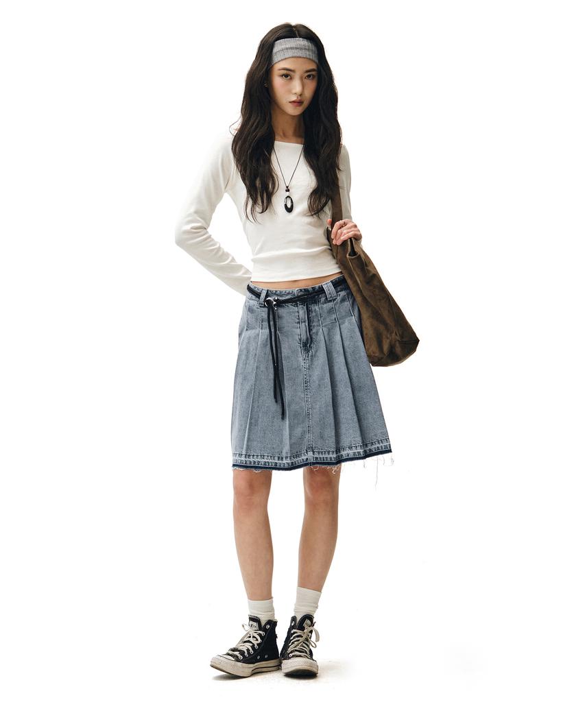 Deketeuumeon Front Pleats Midi Skirt Dcsk008Blue