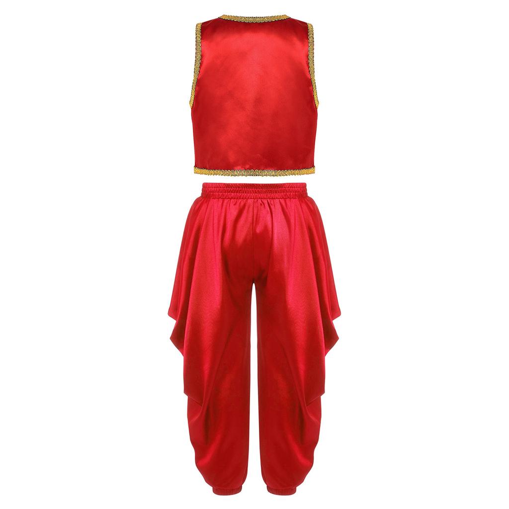 Kinder 2-teilige arabische traditionelle Kleidung Offene Weste mit goldenem Besatz und lockere Hose mit elastischem Bund für Karneval Kostüm