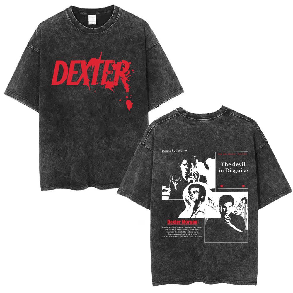 Washed Vintage TV Play Dexter Morgan Face Graphic Tshirt Men Women Casual Cotton Oversized T Shirt Male Classic Gothic Tshirts