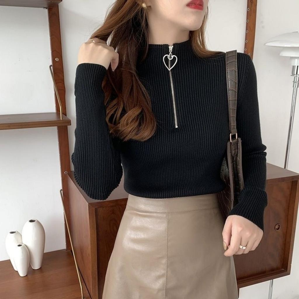 Black Bottoming Shirt Women Inside The New Fall Half-high Neck Slim Long-sleeved Zipper T-shirt