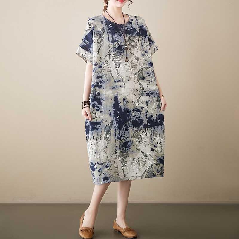 Real Spot Fat Sister Summer Loose and Thin Short-sleeved Cotton and Linen Dress