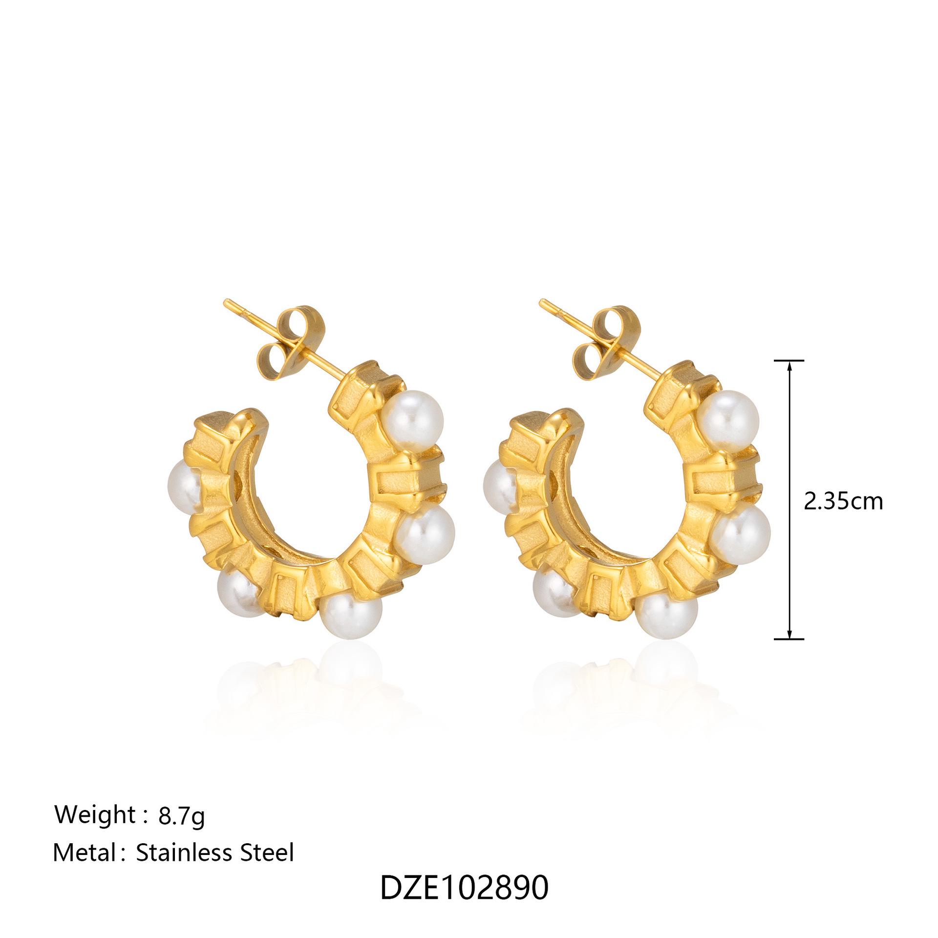 18K Gold Geometric C-shaped Pearl Earrings: European & American Punk Style with Futuristic Mechanical Flair for Cool Girls 18K золотой