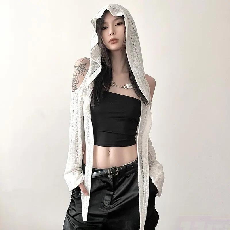 

Женская футболка с длинным рукавом, капюшоном и защитой от солнца в европейском и американском стиле с полым дизайном L