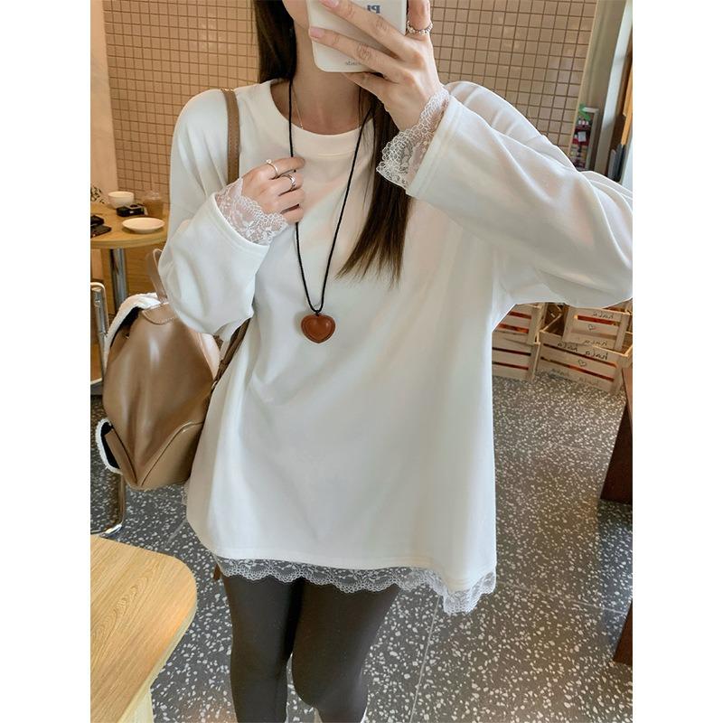 Long-sleeved Bottoming Shirt for Women Spring New Style Lace Splicing Loose Round Neck with Chic T-shirt Top