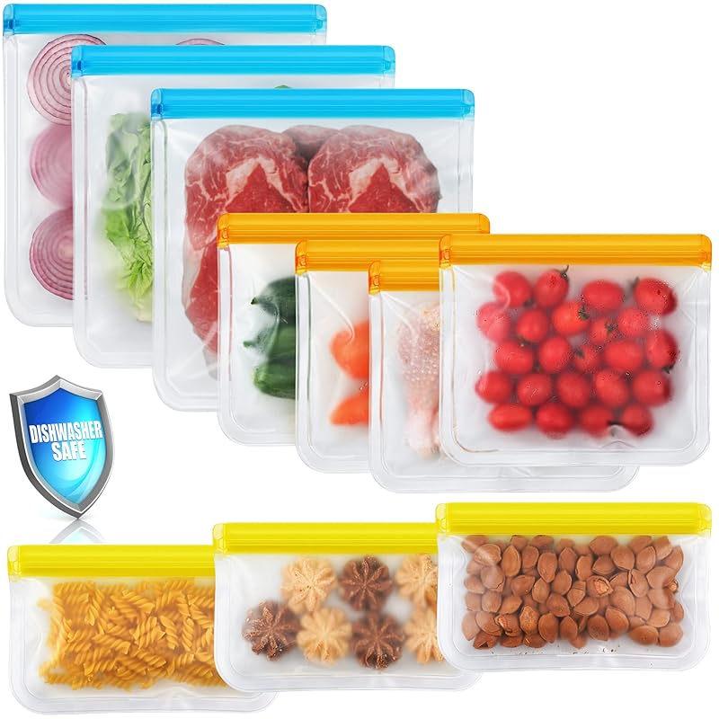 10 Pack Dishwasher Safe Reble Bags, Leakproof Reble Freezer Bags, BPA Free Food Storage Bags for Lunch Marinate Food Travel - 3 Gallon 3 Snack 4
