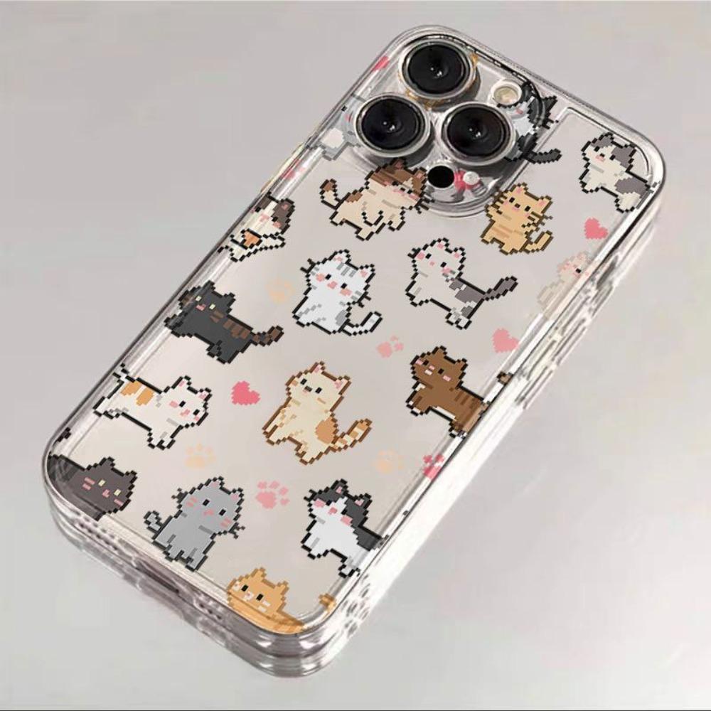 Transparent Shockproof Phone Case for IPhone 17 16 15 14 13 12 11 Pro Max IPhone 16 15 14 Plus Adorable Pixelated Kittens
