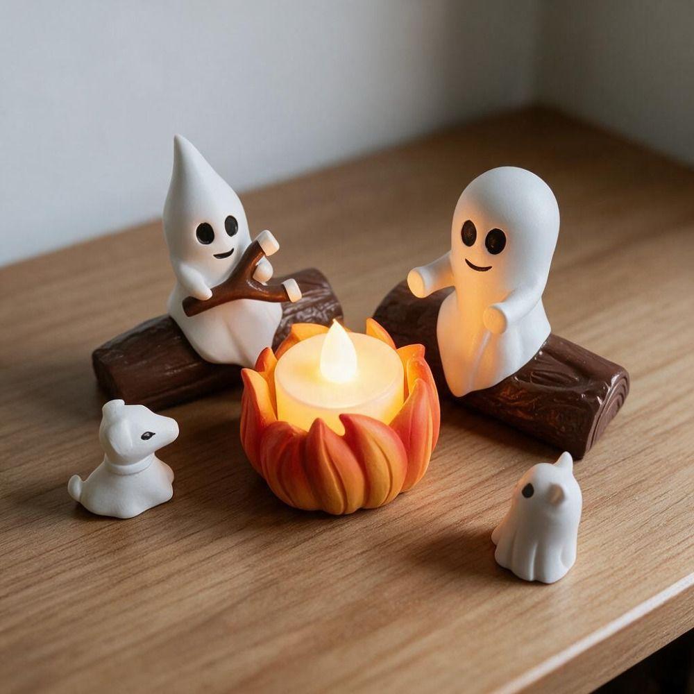 5PCS Resin Ghost Bonfire Ornament Set LED Candle Ghost Campfire Flickering Ornament Desktop