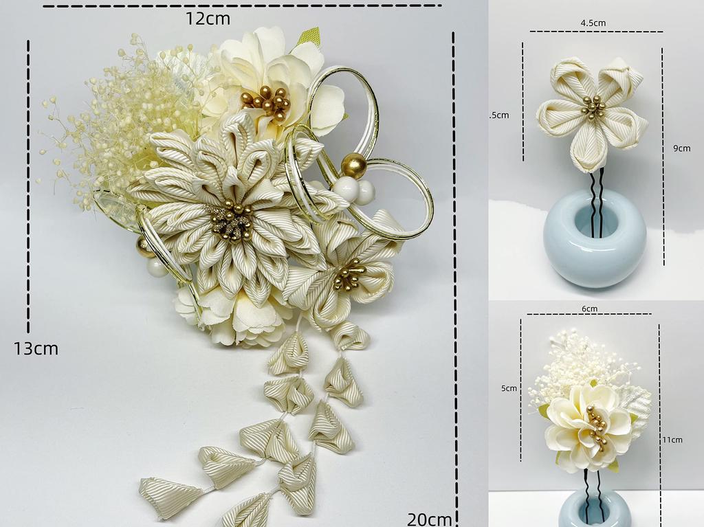Inari Shoji Tsumami Zaiku Mizuhiki Dried Flower Hair Ornament Set for Ceremonies and Graduations (White) Coming-of-Age