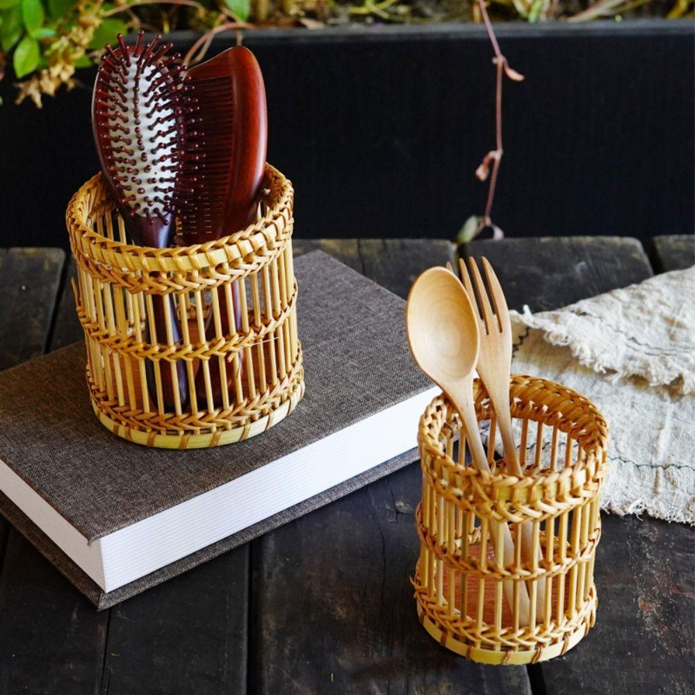 Tabletop Storage Bamboo Woven Pen Container Multi-functional Storage Basket  School