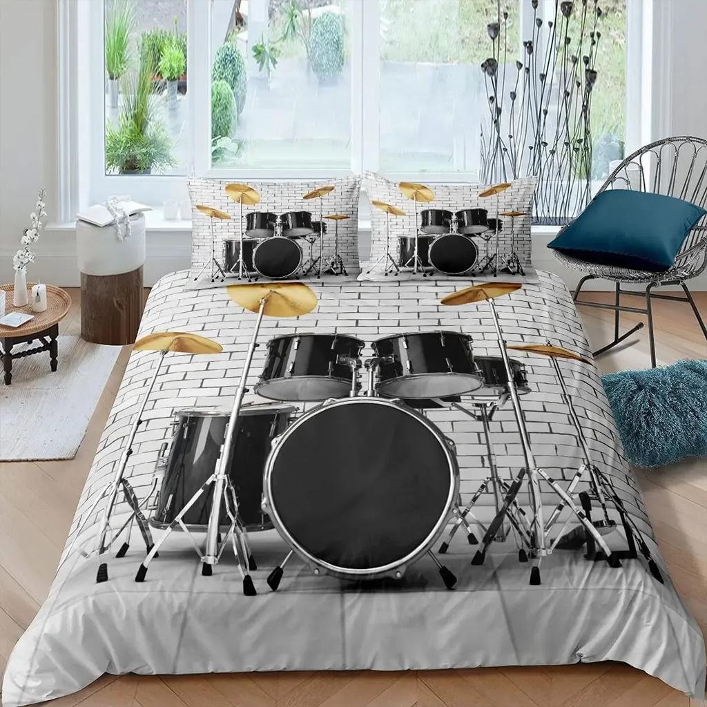 Drum Kit Duvet Cover Set,Hip Hop Bedding Set Queen Size,Rock Music Gold Flame Comforter Cover Musical Instrument Quilt Cover Set