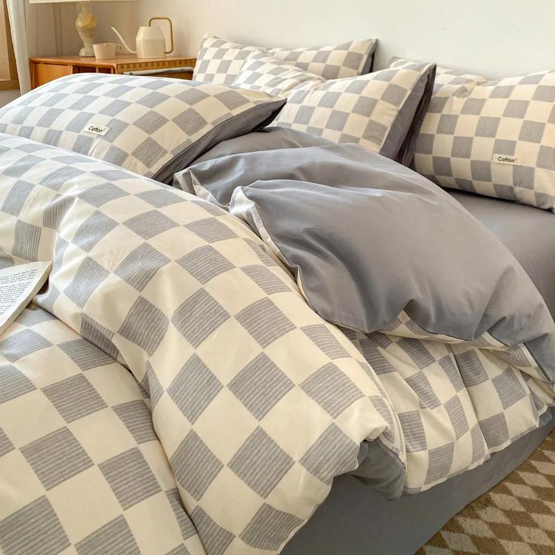 

Nordic Style Striped Printed Bedding 4 Piece Sets 100% Cotton Simple Bed Sheet Duvet Cover Home Dormitory Comfort Set for Adults 1.5m-200x230cm 4pcs