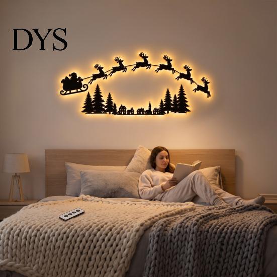 Wooden Christmas Wall Art Lighted Santa Sleigh Reindeer Decor with Remote, LED Flying Bedroom Decorative Night Light Art, Warm Backlit Peel And Stick