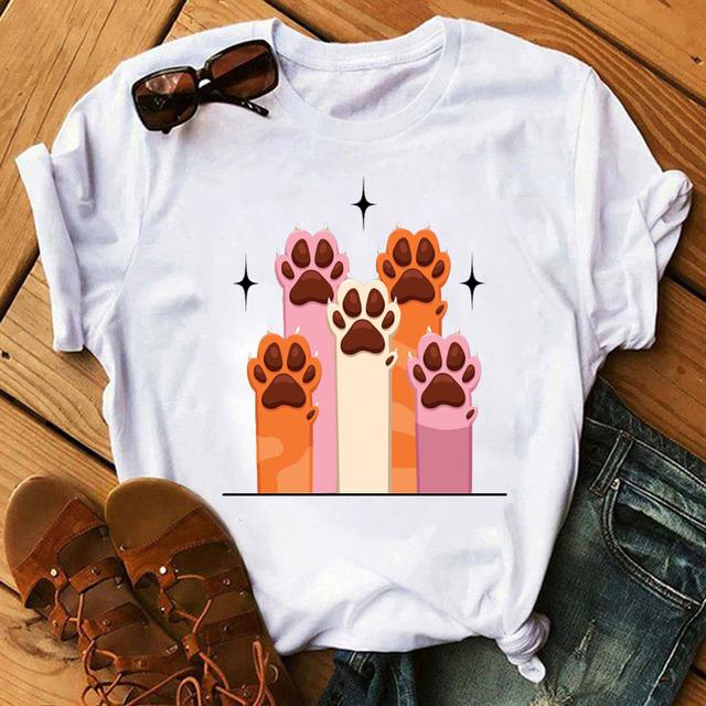 Aquarell Herz Hundepfote T-Shirt Mode Damen T-Shirt Cartoon T-Shirts Harajuku Oberteile T-Shirt Kurzarm Niedliche Damen T-Shirts T-Shirt