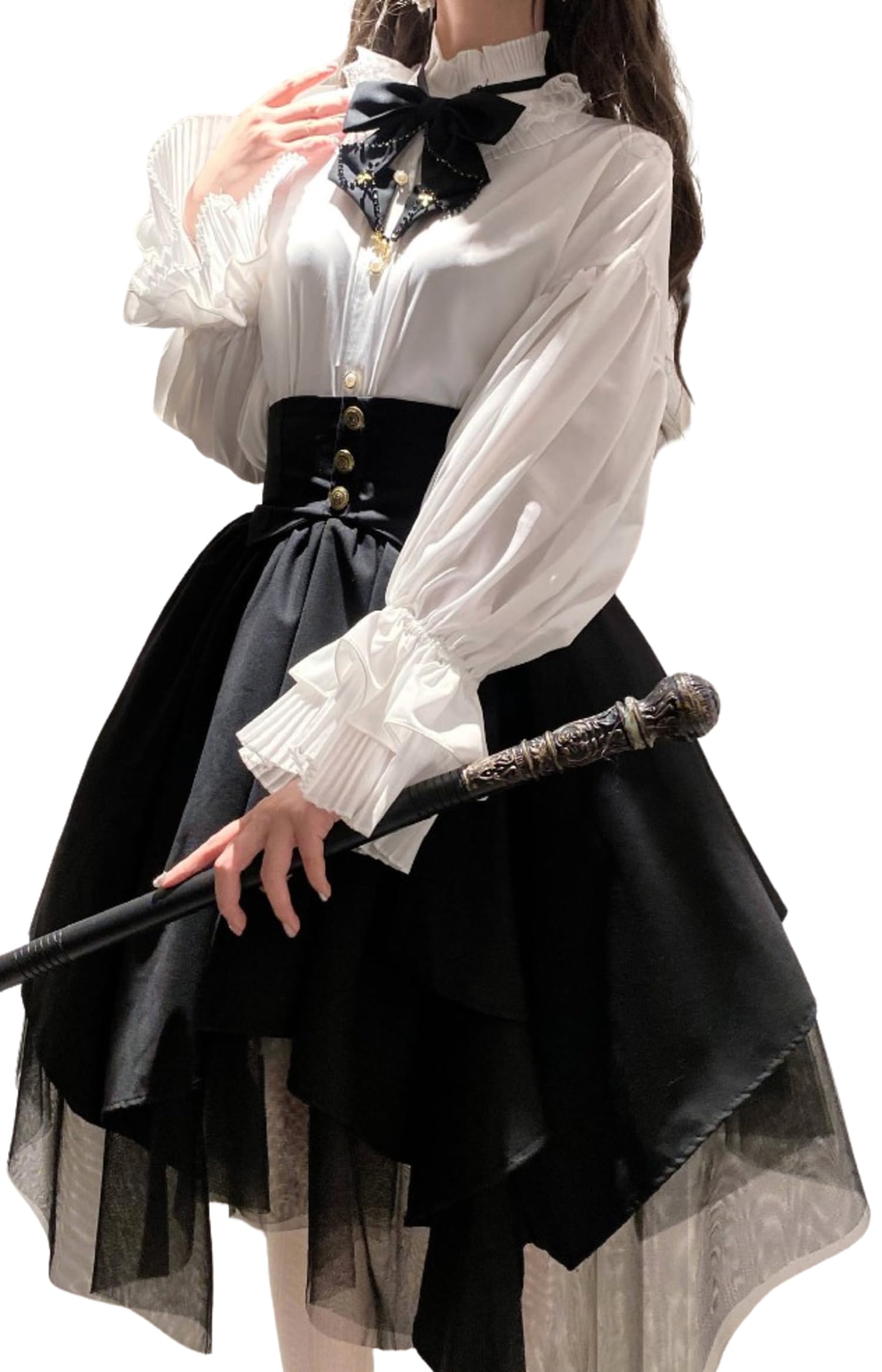 

Блузка Lady Lazy Classic Lolita и юбка с лентами, черный и комплект из 3 предметов, белый, асимметричный, до колена чёрный