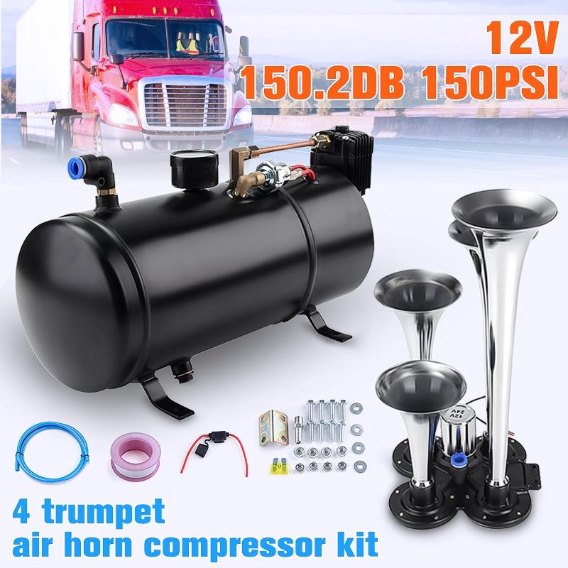 3L 150PSI Air Horn 150 BD Air Compressor and 4 Trumpet Chrome for Truck High Pressure Air