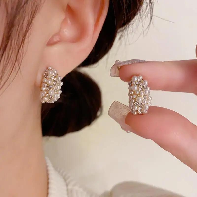 Fashion Inlay Zircon Pearl Drop Earrings for Women Girl New Trend Waterdrop Shaped Stud Earrings Party Charm Jewelry Accessories