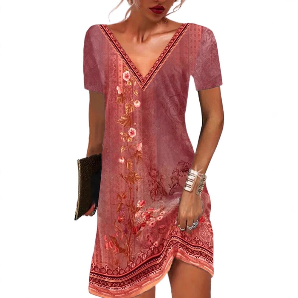 2025 Women's Ethnic Print V-Neck Short-Sleeve Dress - Spring/Summer Collection