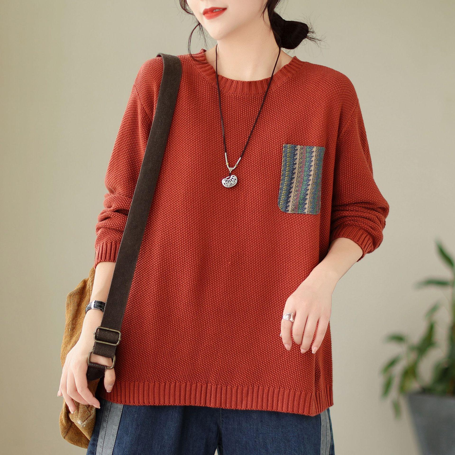 

Johnature женские винтажные пуловеры-свитера однотонные с длинными рукавами и круглым вырезом вязаные хлопковые осенние женские повседневные свитера One Size красный