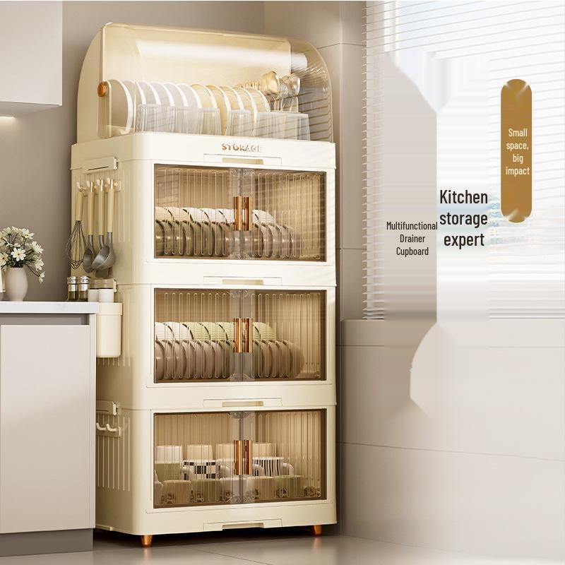 Foldable Multi-Layer Plastic Storage Cabinet with Lid - Organize Bowls, Plates, Baby Bottles, and Cups Dust-Free