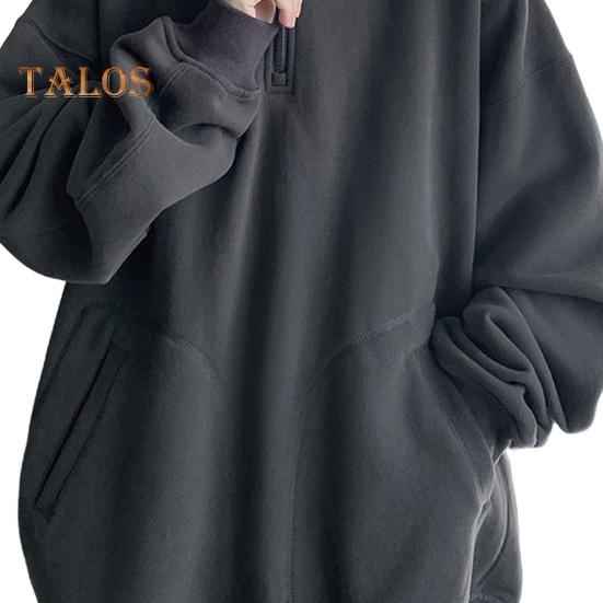 Fall Spring Men Hoodie Half Zipper Hooded Pockets Long Sleeves Loose Elastic Cuff Pure Color Pullover Thick Warm Daily Wear Top