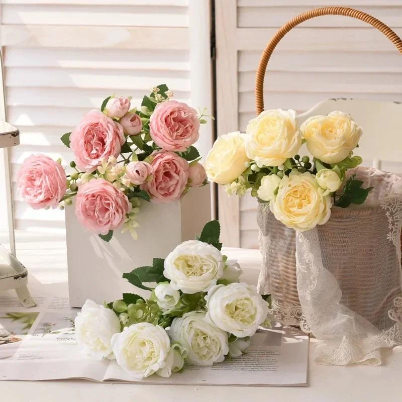 30cm Rose Pink Silk Bouquet Peony Artificial Flower 5 Big Head 4 Small Bud Bride Wedding Home Decoration Artificial Flower