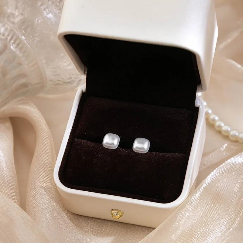 White 8mm Square Imitation Pearl Stud Earring for Women Elegant Romantic Temperament Jewelry Accessories Wedding Girl Gift