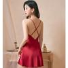 Women's Red V-Neck Spaghetti Strap Nightgown with Chest Pads - Ice Silk Pajamas for Spring and Autumn