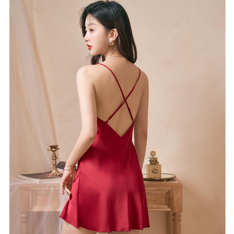 Women's Red V-Neck Spaghetti Strap Nightgown with Chest Pads - Ice Silk Pajamas for Spring and Autumn