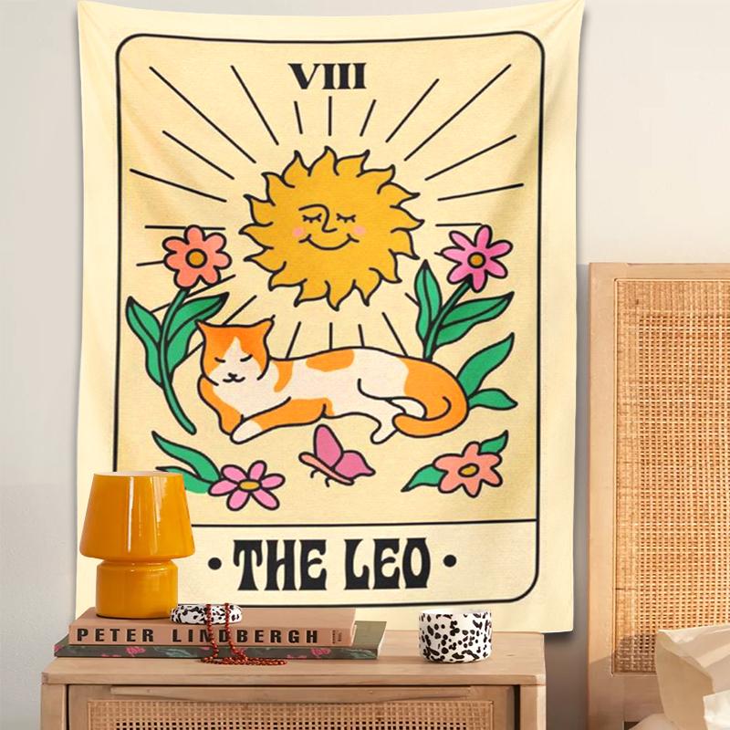 The Leo Tarot Tapestry Wall Hanging Wall Hanging Cute Cat Sun And Moon Psychedelic Constellation Witchcraft Hippie Home Decor