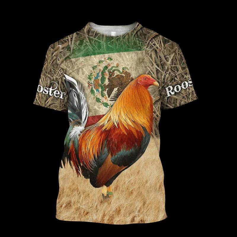 Fighting Rooster 3D Printed Round Neck T-shirt for Men, Fashionable Short Sleeved Pullover, Casual Street Harajuku Tops