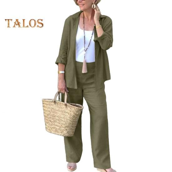 

2 шт./комплект женский повседневный наряд лацкан длинный рукав застежка на пуговицы рубашка высокая талия прямые широкие длинные брюки комплект повседневная одежда 2XL зелёный