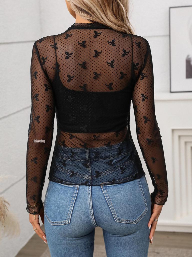 European American Women's High Neck Y2K Mesh Top - Sexy See-through Long Sleeve T-shirt