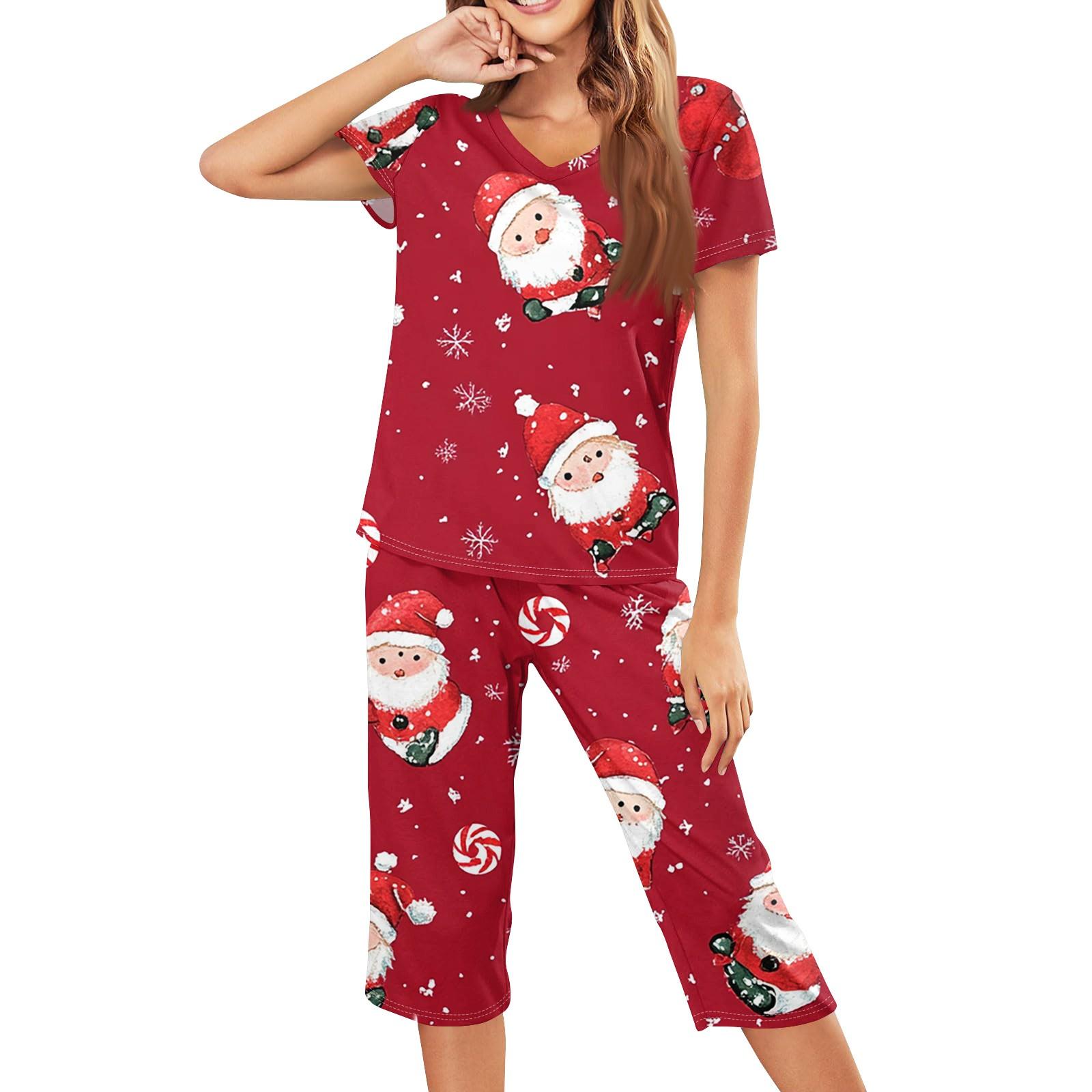 

Женская повседневная спортивная пижама с коротким рукавом и укороченными брюками с рождественским принтом XL винный