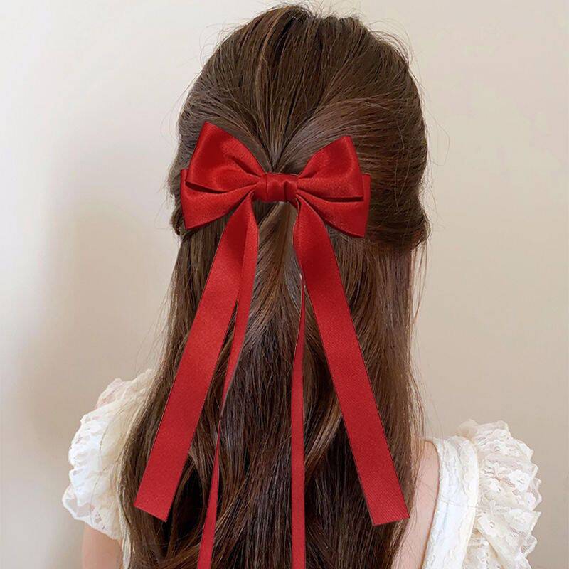 Vintage Solid Color Ribbon Double Bowknot Clip Pin For Women Girls Korean Big Bow Long Tassel Barrettes Hair Accessories