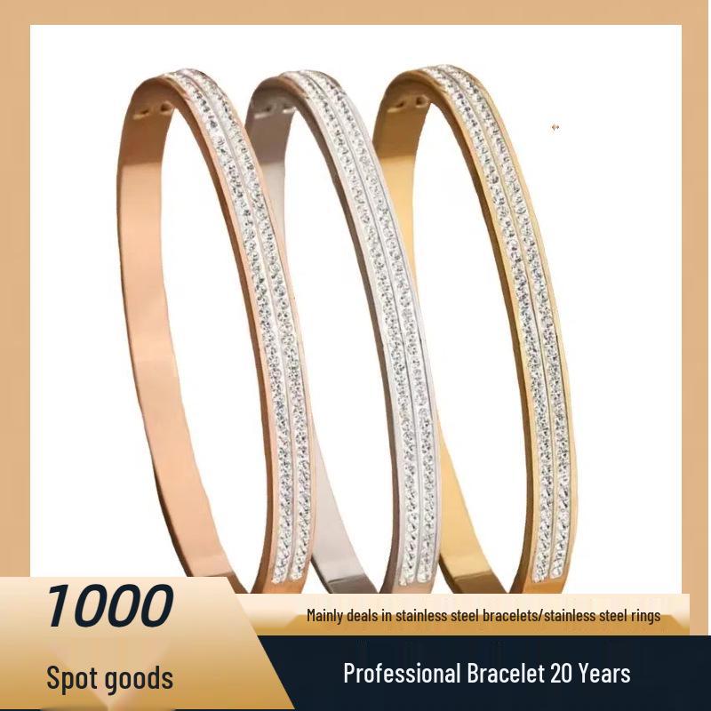 Unisex High-End Titanium Steel Bracelet with Double Row Diamonds - Versatile, Electroplated, and Non-Fading